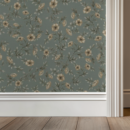 Vintage Rose Vines - Teal Blue Canvas - Small Scale