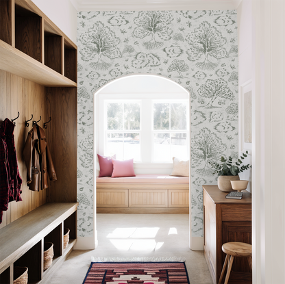 Orchard Folklore Toile - Olive Green Off White Texture