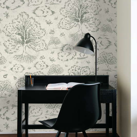 Orchard Folklore Toile - Olive Green Ivory Texture