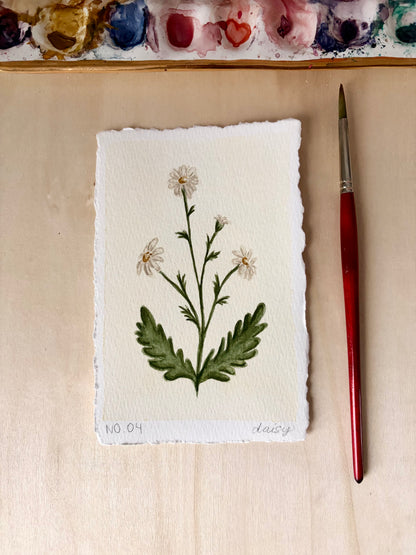 A small botanical art print on textured cream paper showing a green leafy stem with white daisy-like flowers, placed on a light wood surface beside a red-handled paintbrush. A paint palette is partially visible along the top edge.