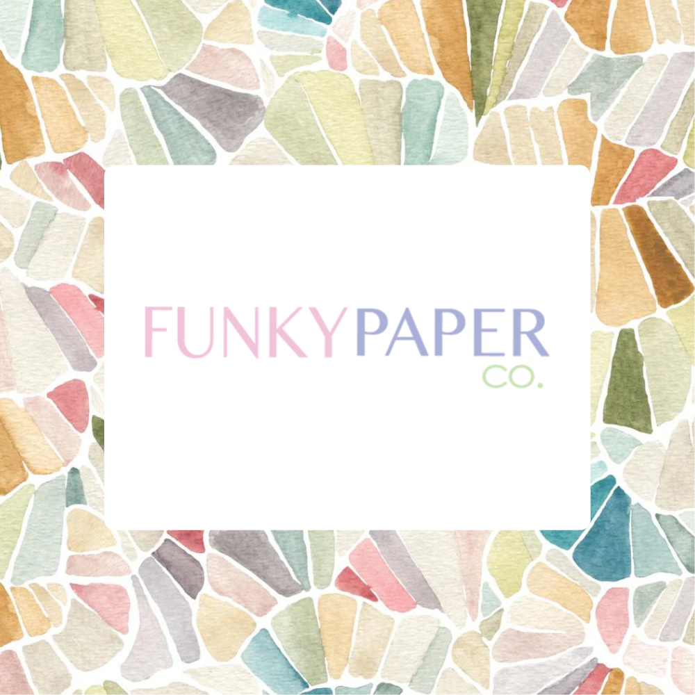 Colorful mosaic pattern with 'Funky Paper Co.' and Sabina Maria Design Collaboration