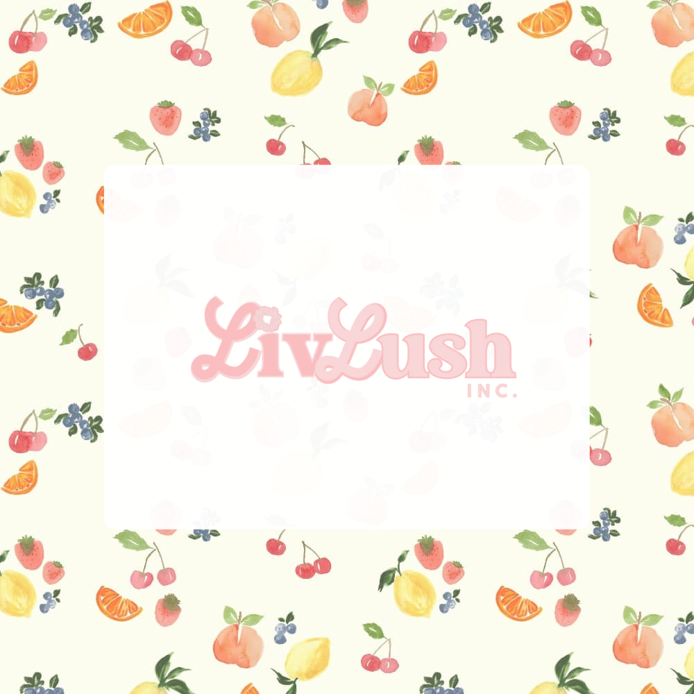 LivLush x Sabina Maria Design, Canadian scrunchies and more, featuring a summer fruity watercolour pattern. Cottage core, soft girl era.