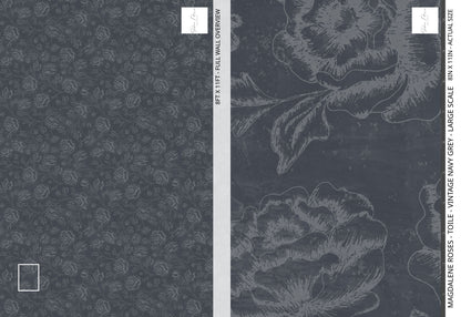 Magdalene Roses - Toile - Vintage Navy Grey - Large Scale