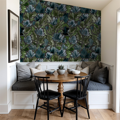 Casual dining nook with painterly tulip wallpaper in deep charcoal, blue and green.