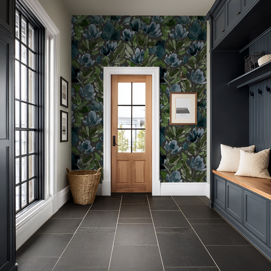 Entryway styled with Midnight Tulip Vines wallpaper, natural wood door and navy blue built-in mudroom bench