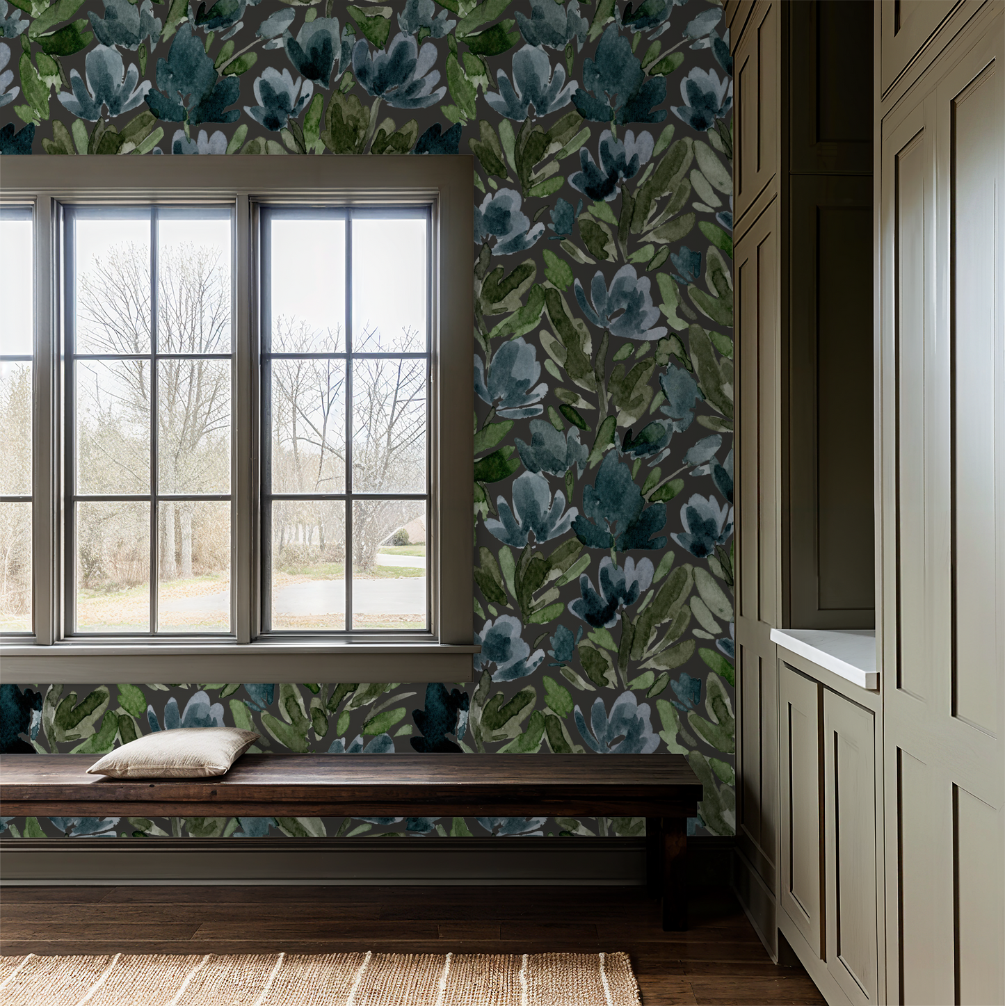 Neutral-toned mudroom with full floral mural wall in Midnight Tulip Vines – Charcoal.