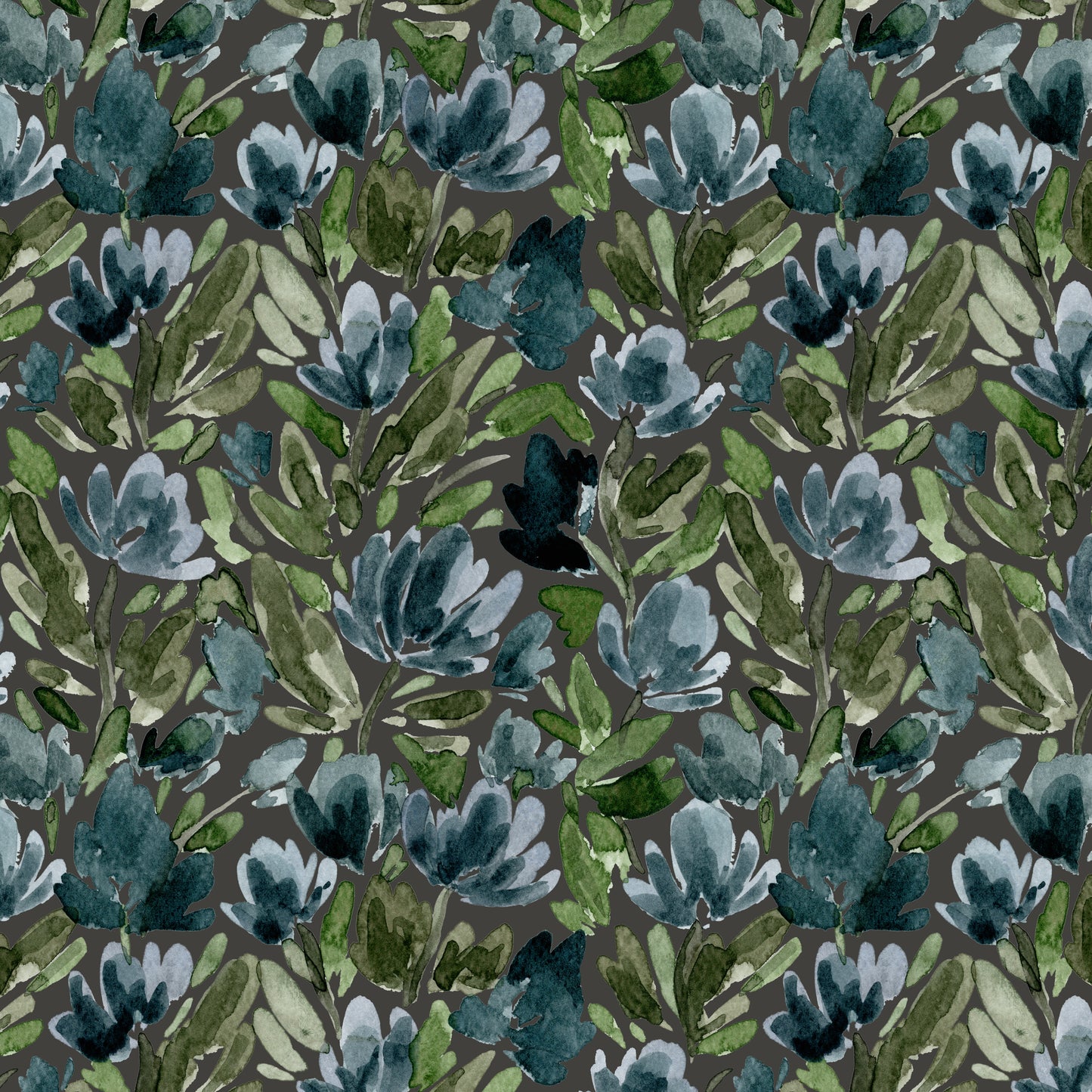 Floral pattern with blue and green flowers on a dark background