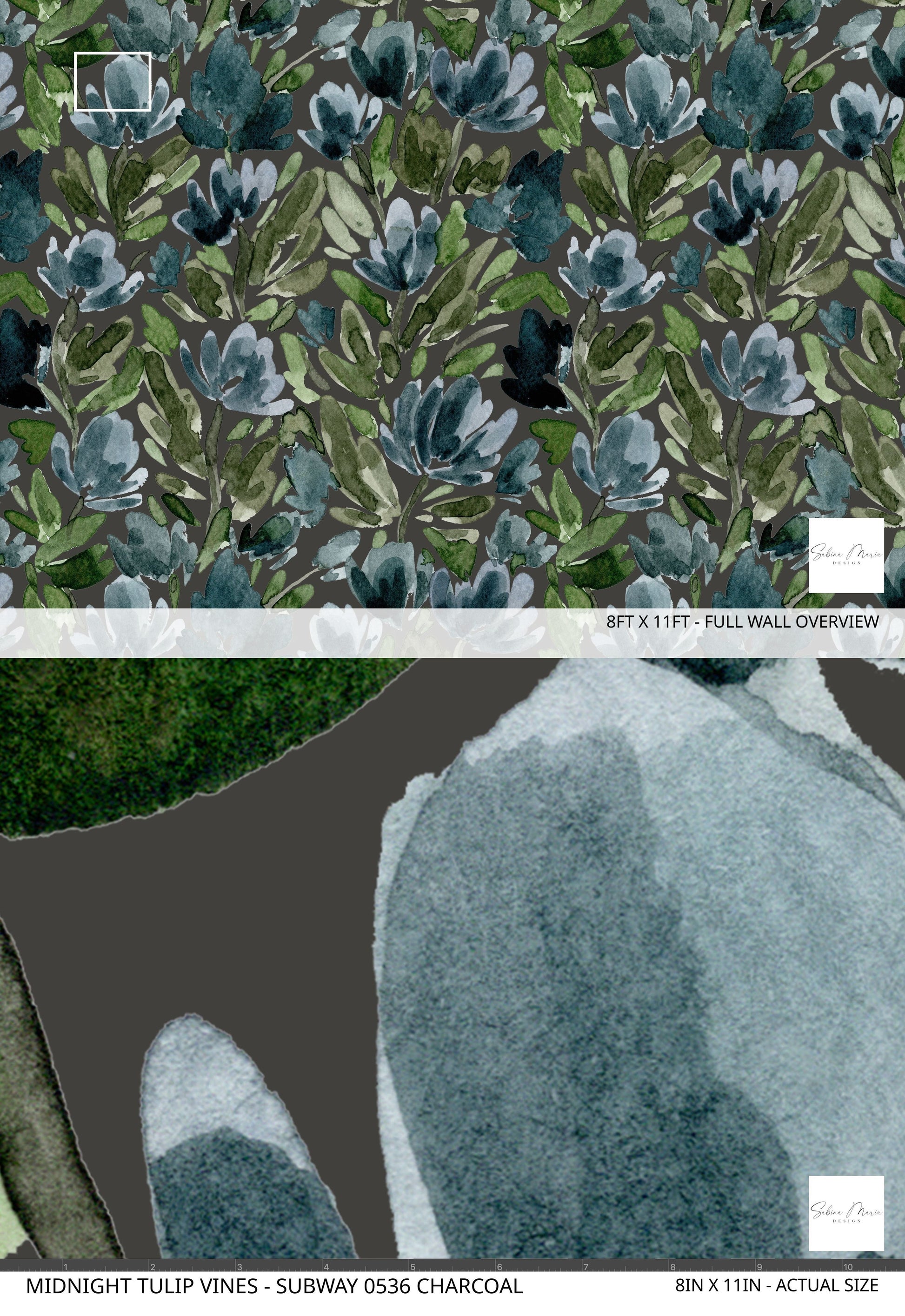 Close-up view of hand-painted floral wallpaper featuring blue tulips and deep green foliage on a charcoal backdrop.