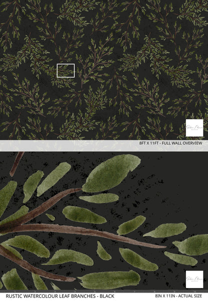 Rustic Watercolour Leaf Branches - Black