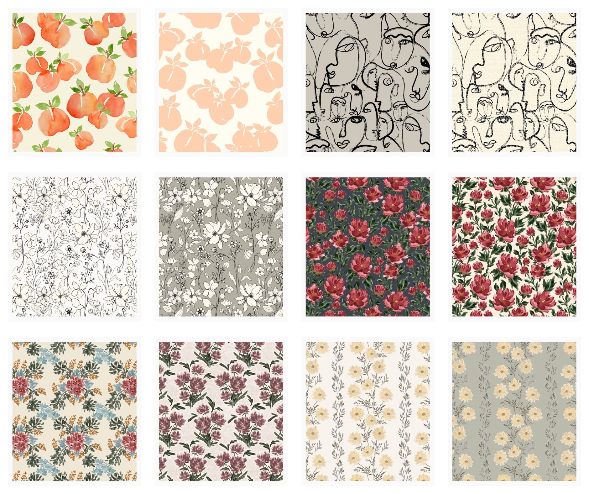 Grid of soft watercolor floral and abstract patterns by Polish-Canadian artist Sabina Maria Design, created for wallpaper, fabric, home décor, and surface pattern licensing.