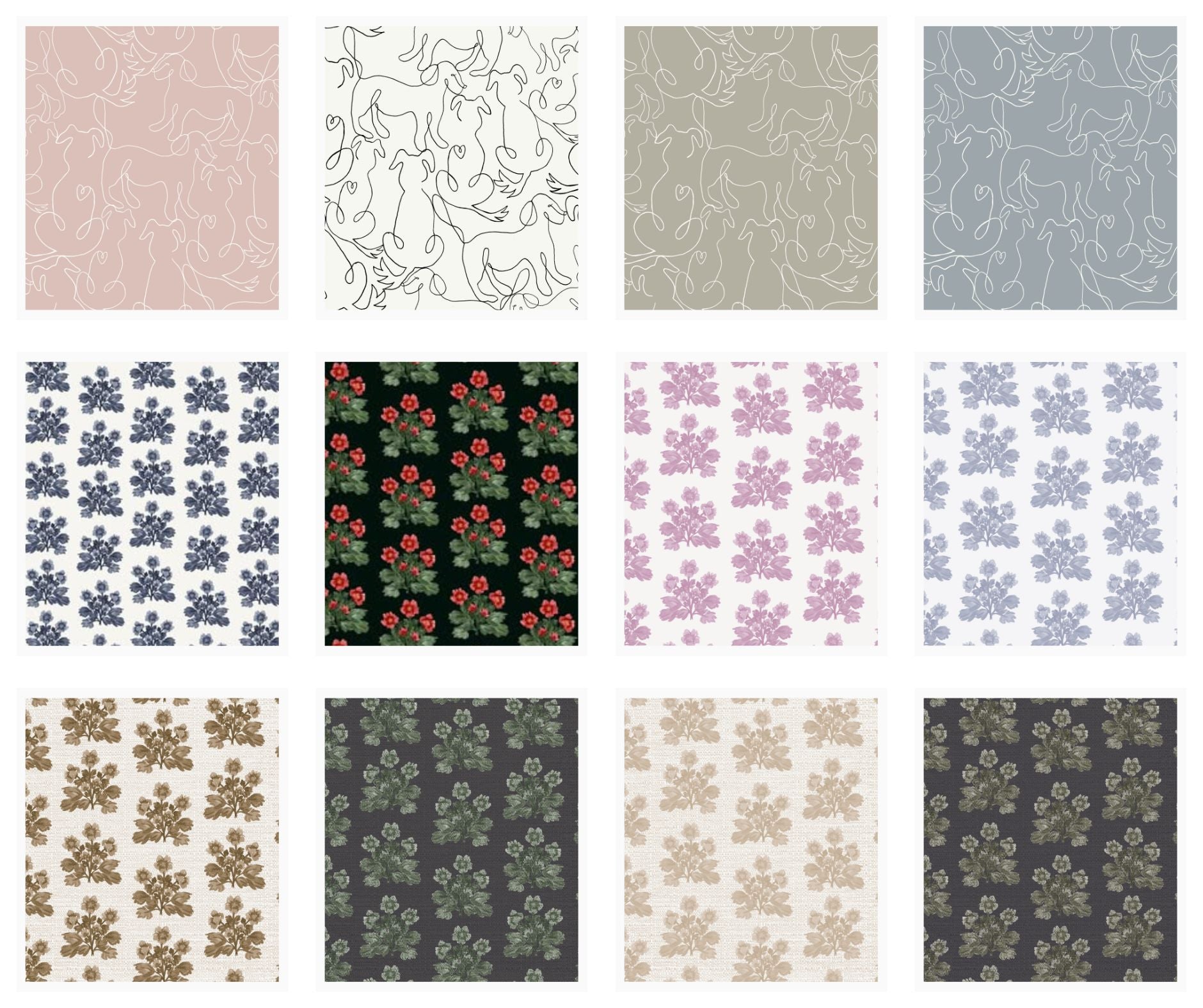 A curated grid of watercolor floral and abstract patterns by Sabina Maria Design, a Polish-Canadian surface pattern designer and artist. Featuring soft, hand-painted details perfect for wallpaper, textiles, home décor, and product licensing. Explore her signature feminine style, including romantic botanicals, vintage-inspired motifs, and painterly brushstrokes designed for seamless repeat across home and lifestyle goods.