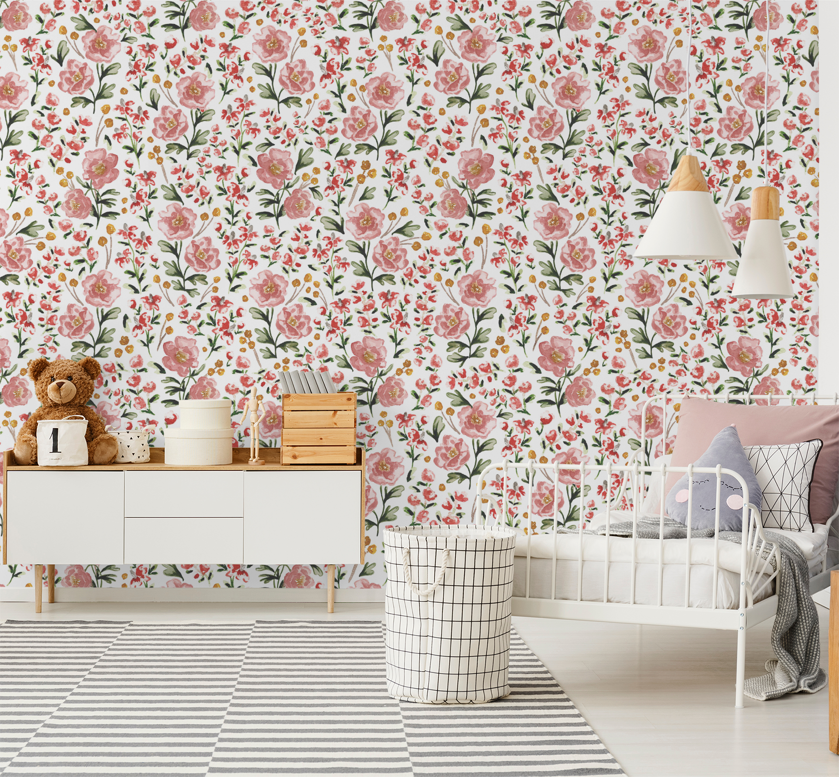 Bold, whimsical watercolour floral peel and stick wallpaper. Designed by Sabina Maria Design