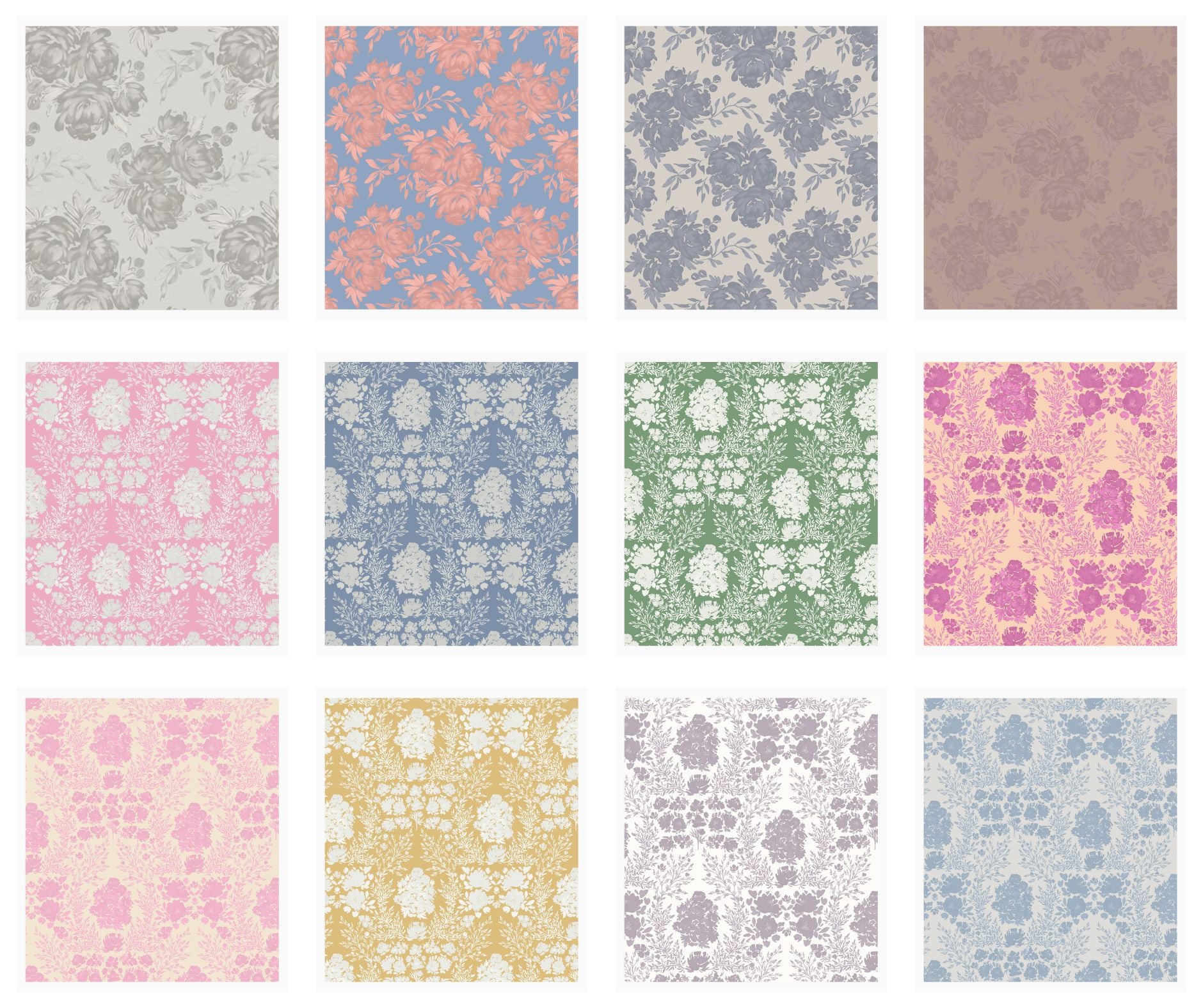 Grid of soft watercolor floral and abstract patterns by Polish-Canadian artist Sabina Maria Design, created for wallpaper, fabric, home décor, and surface pattern licensing.