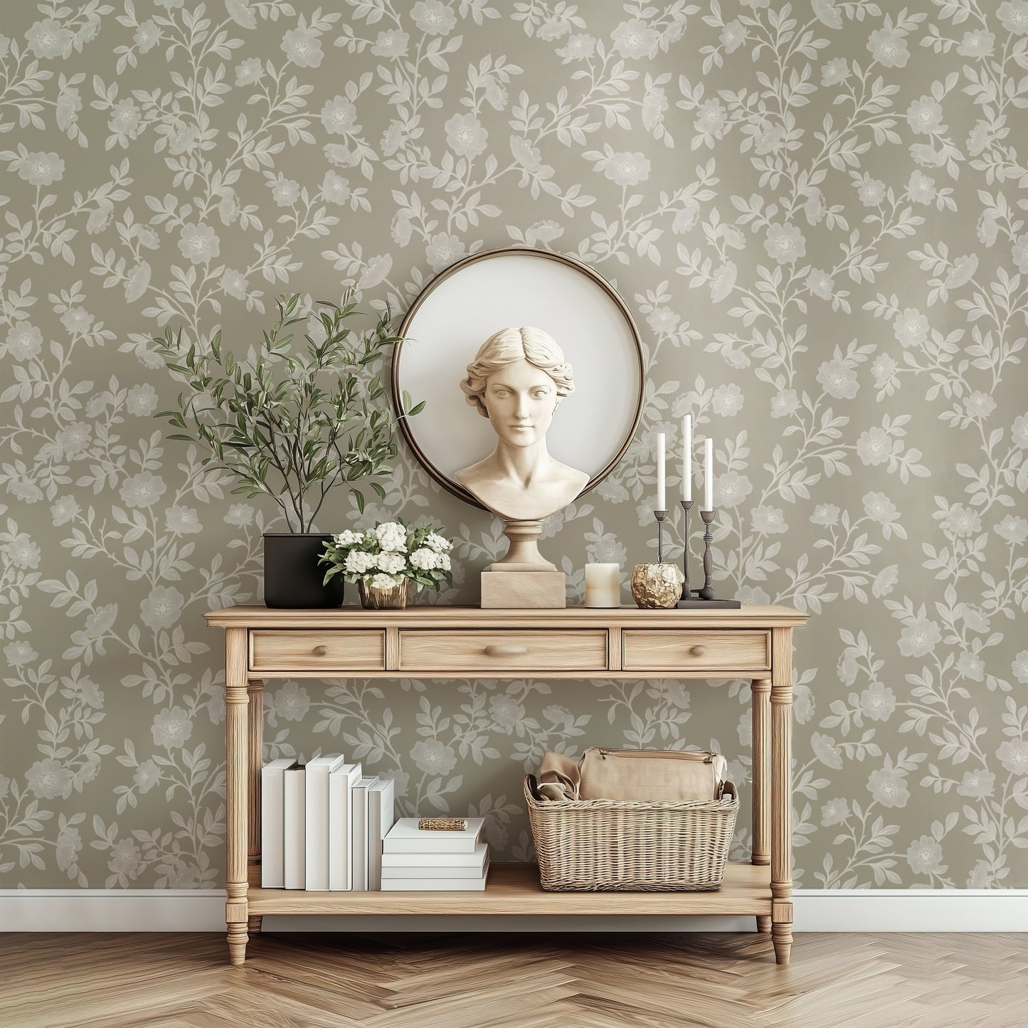 Vintage Rose Vines - Silhouette - Beige - Large Scale
