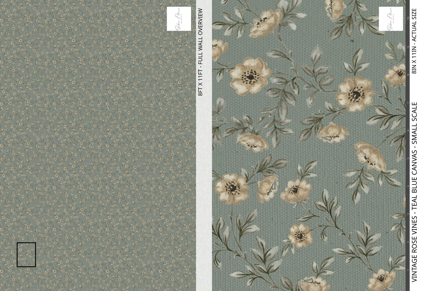 Vintage Rose Vines - Teal Blue Canvas - Small Scale