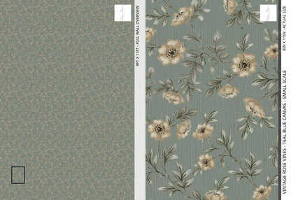 Vintage Rose Vines - Teal Blue Canvas - Small Scale