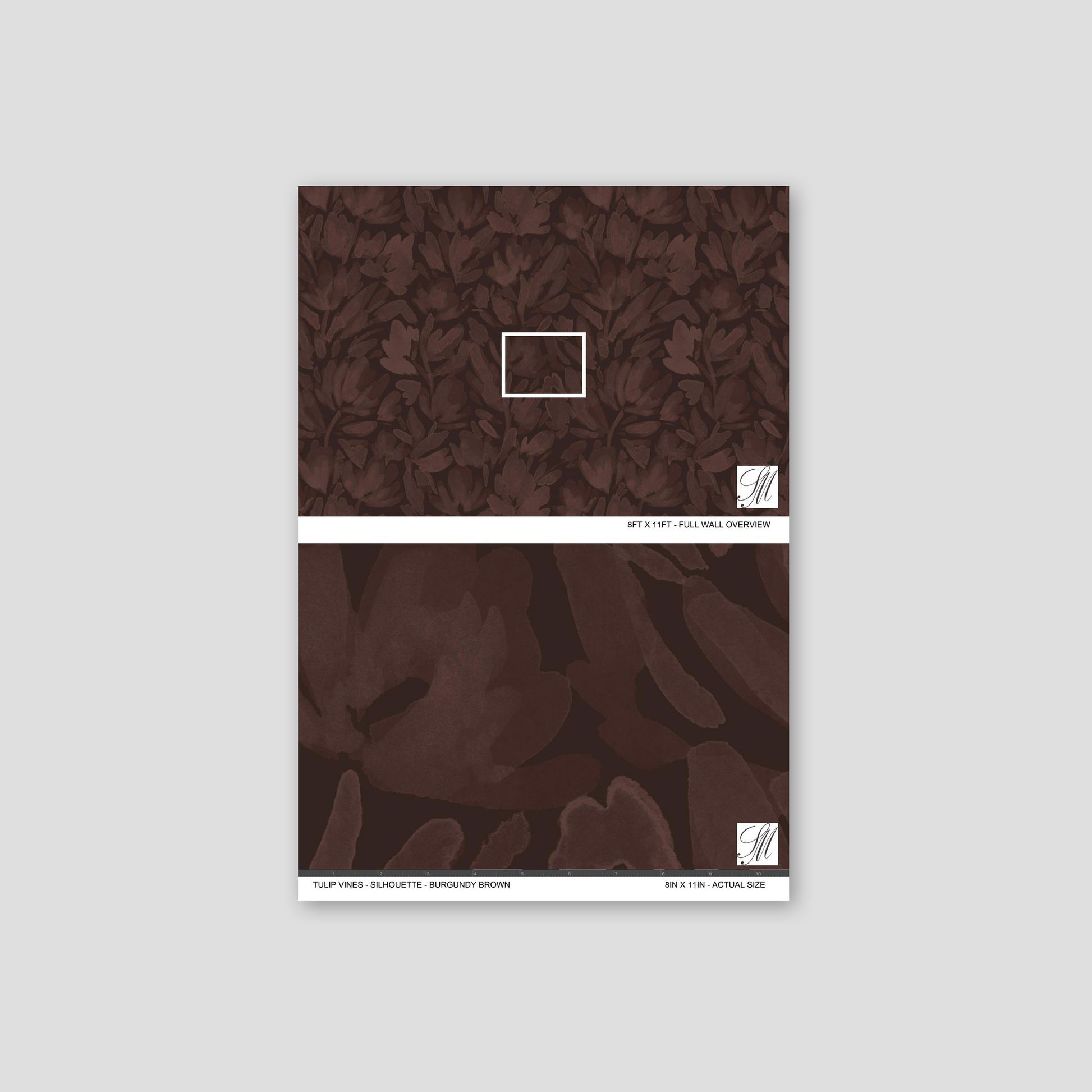 Burgundy brown floral wallpaper sample with tulip vine pattern.