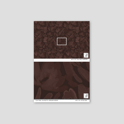 Burgundy brown floral wallpaper sample with tulip vine pattern.
