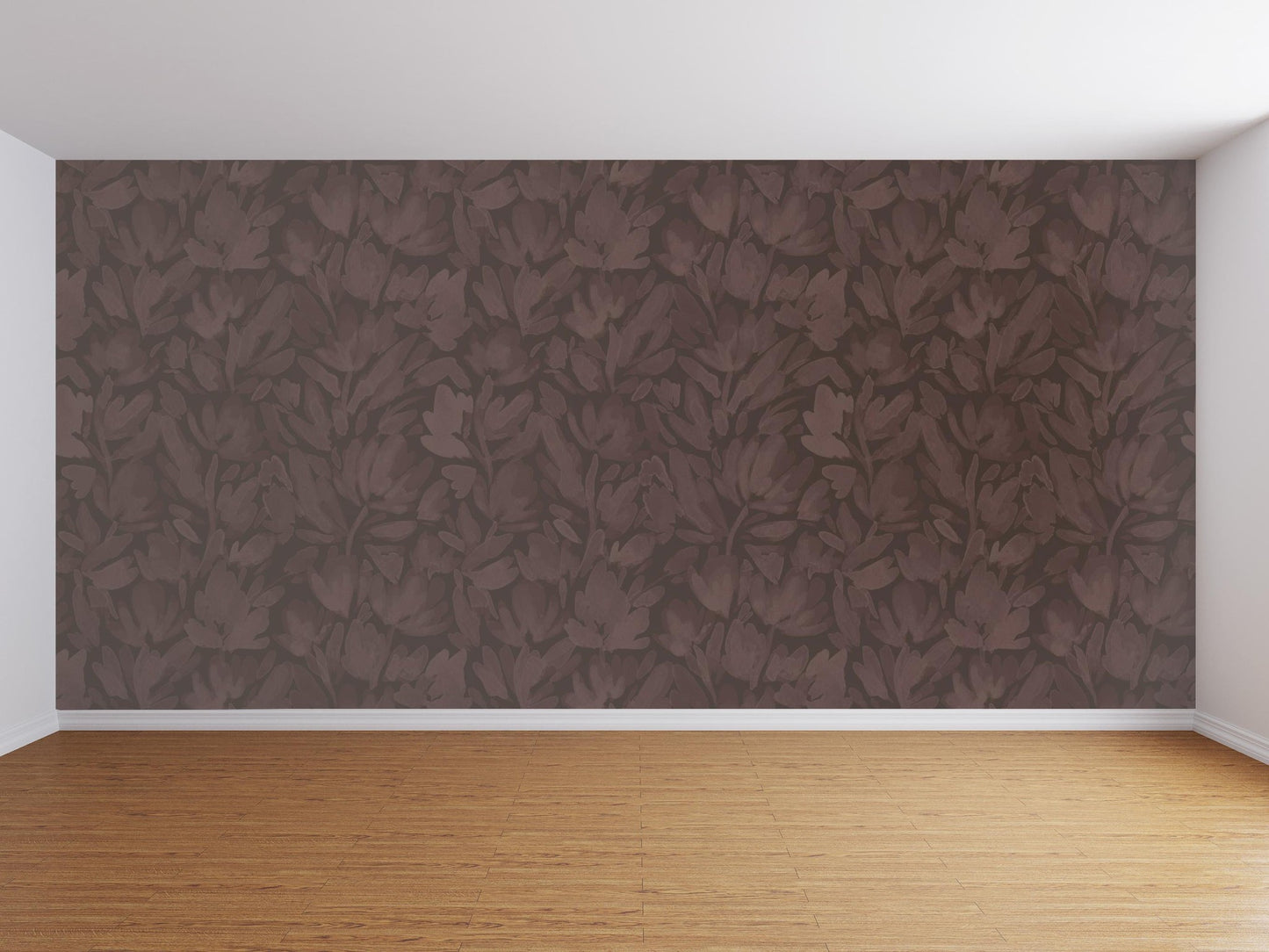 Burgundy brown floral wallpaper with tulip vines in an empty modern room.