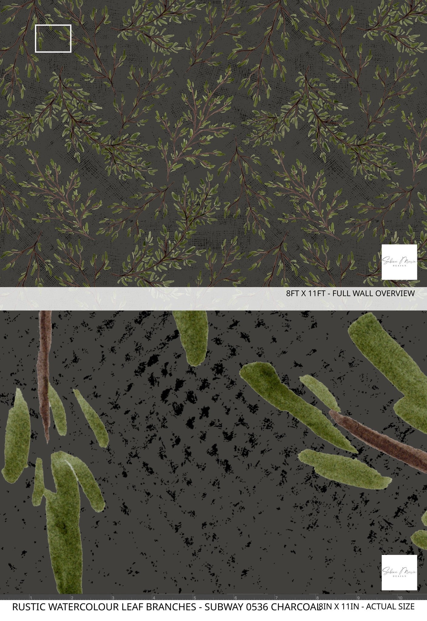 Charcoal wallpaper with watercolor leaf branches pattern, nature-inspired design.