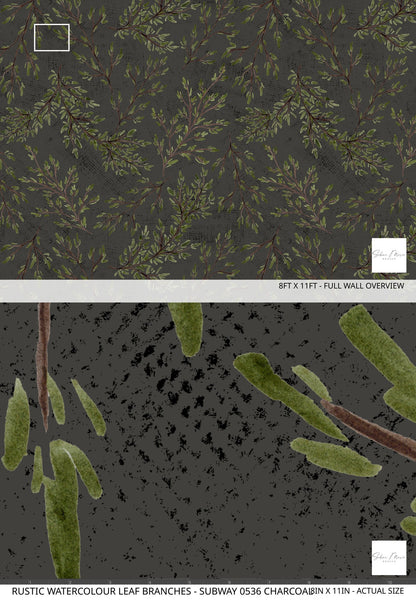 Charcoal wallpaper with watercolor leaf branches pattern, nature-inspired design.