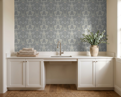 Elegant floral wallpaper with cool tones in a classic kitchen setting.