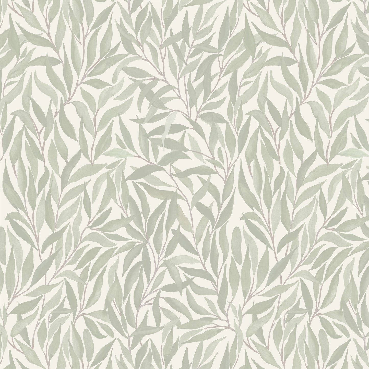 Green willow leaf pattern wallpaper on cream background, botanical style.