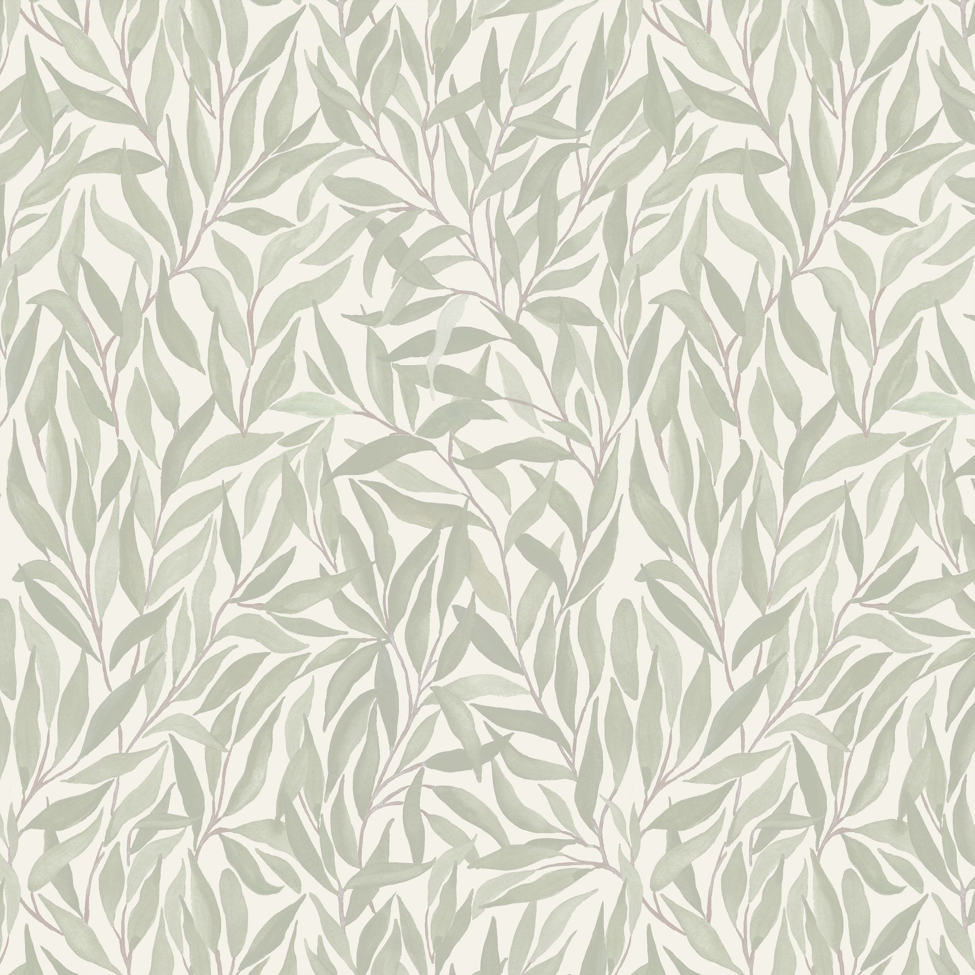 Green willow leaf pattern wallpaper on cream background, botanical style.