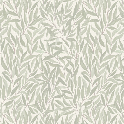 Green willow leaf pattern wallpaper on cream background, botanical style.