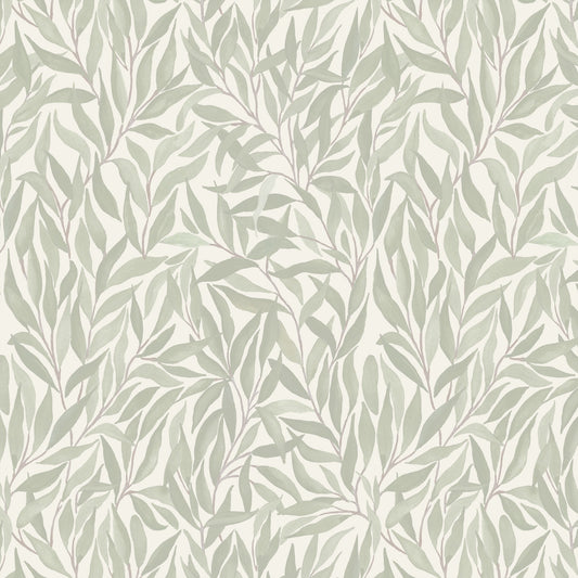 Green willow leaf pattern wallpaper on cream background, botanical style.