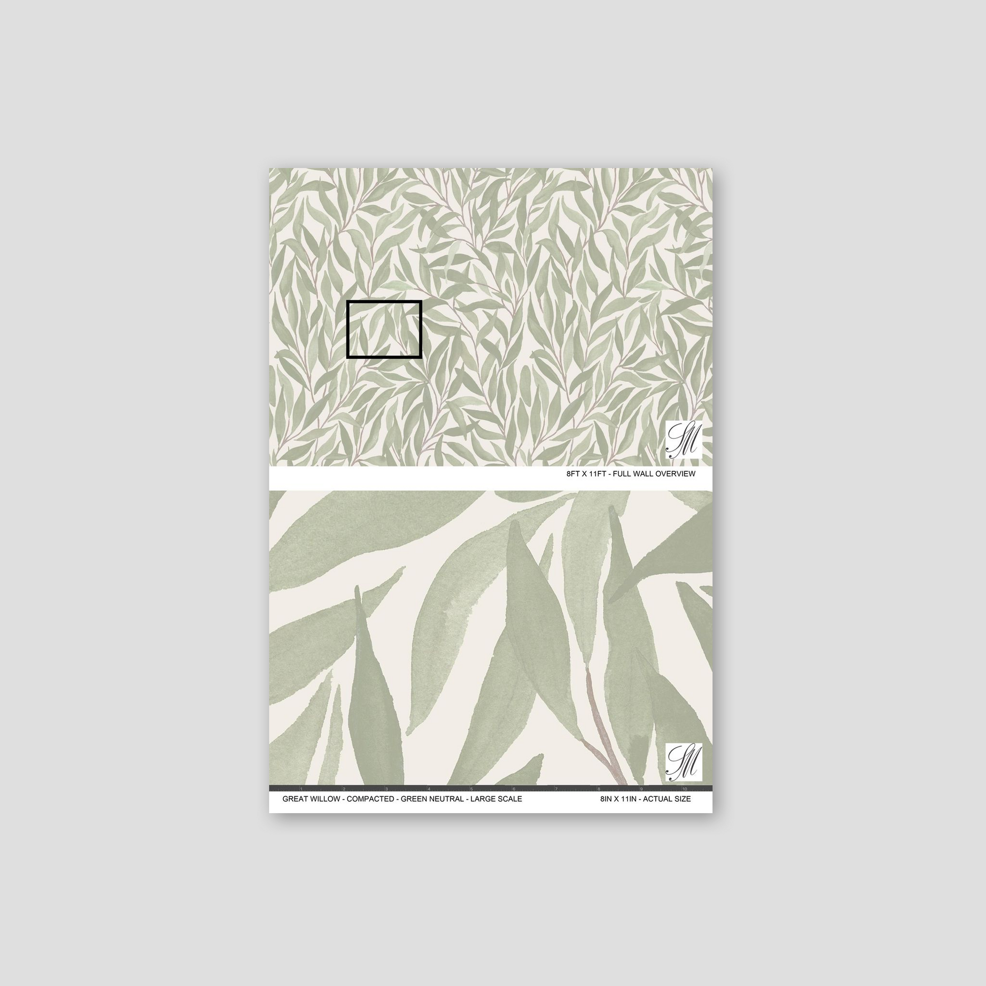 Green willow leaf pattern wallpaper on cream background, botanical style.