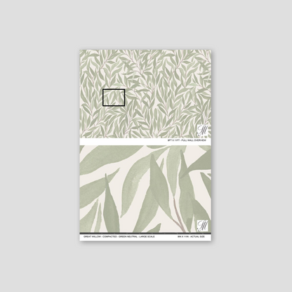 Green willow leaf pattern wallpaper on cream background, botanical style.