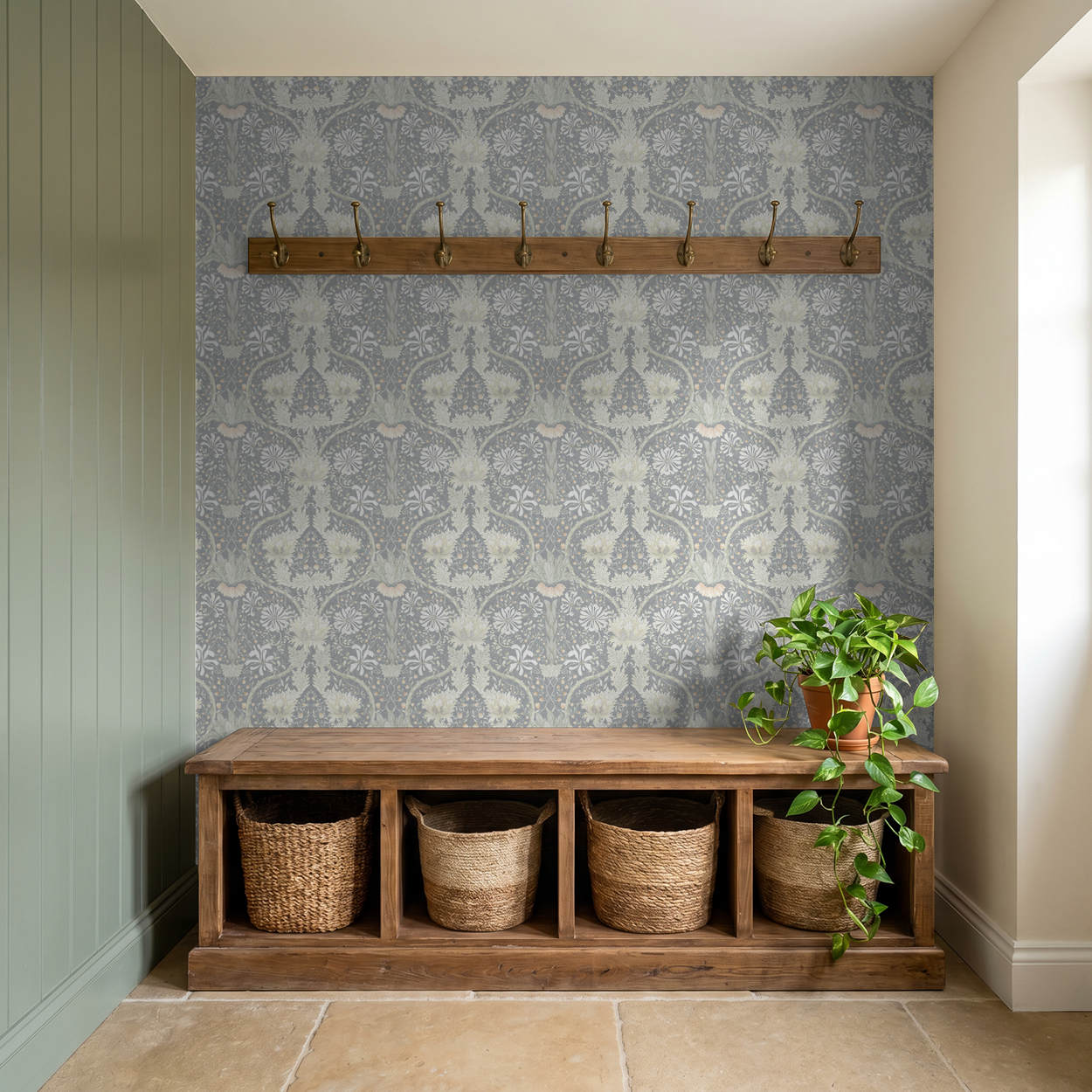 Cool tone floral wallpaper with honeysuckle pattern in rustic entryway