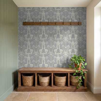 Cool tone floral wallpaper with honeysuckle pattern in rustic entryway