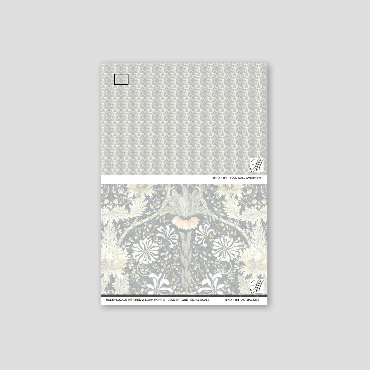 Honeysuckle floral wallpaper in cool tones with intricate botanical design.