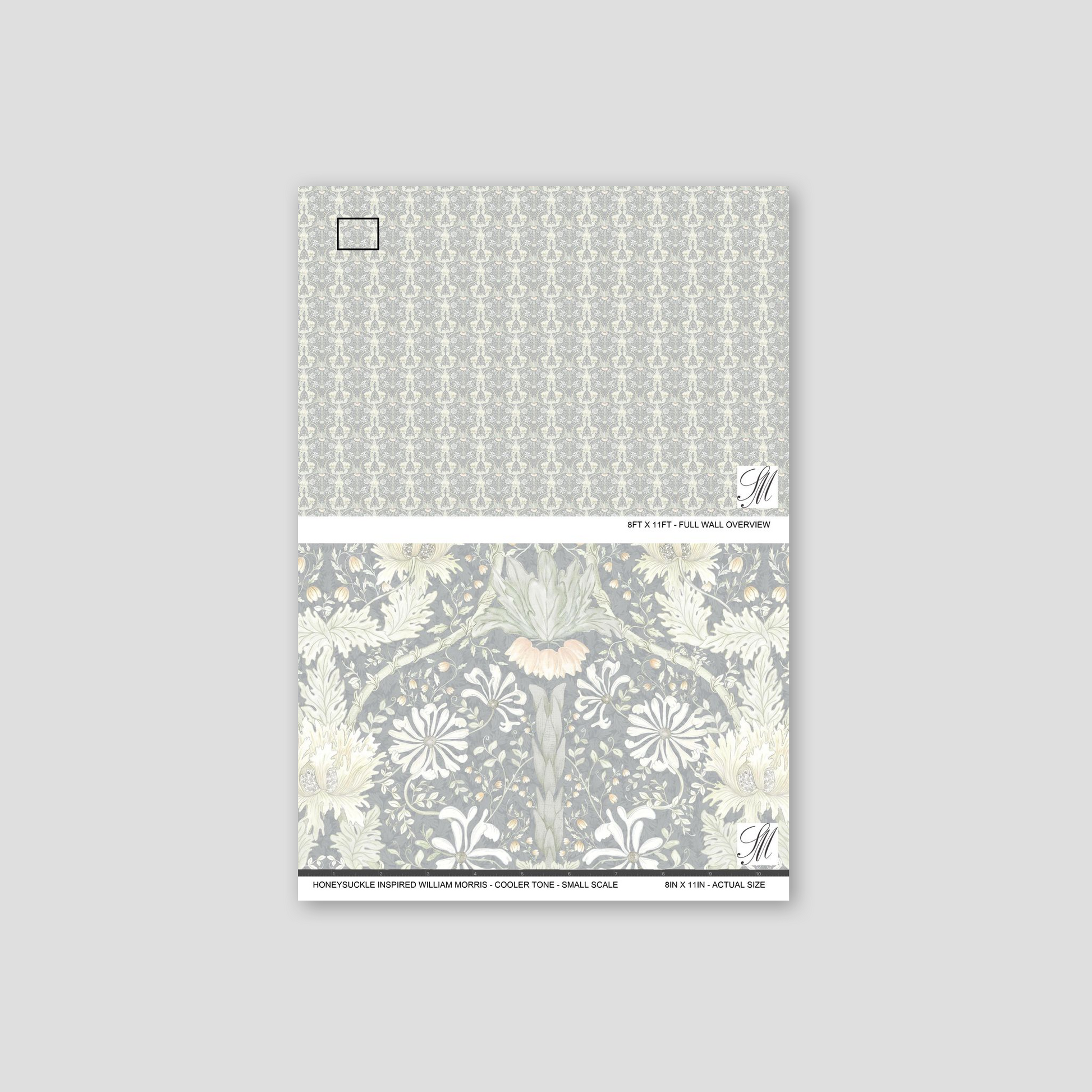 Honeysuckle floral wallpaper in cool tones with intricate botanical design.