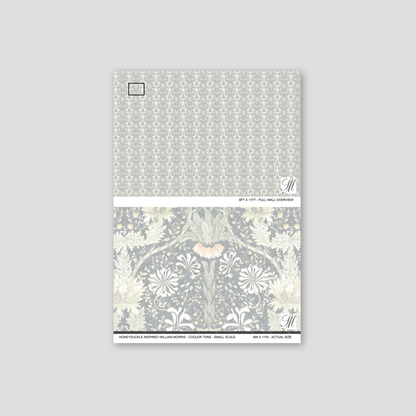 Honeysuckle floral wallpaper in cool tones with intricate botanical design.