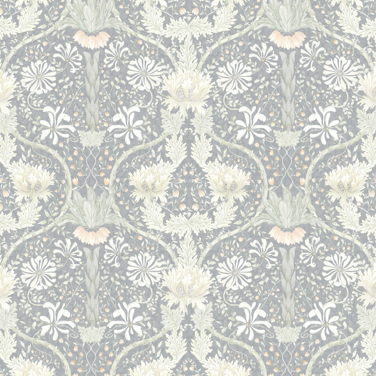 Honeysuckle floral wallpaper in cool tones with intricate patterns and soft greys.