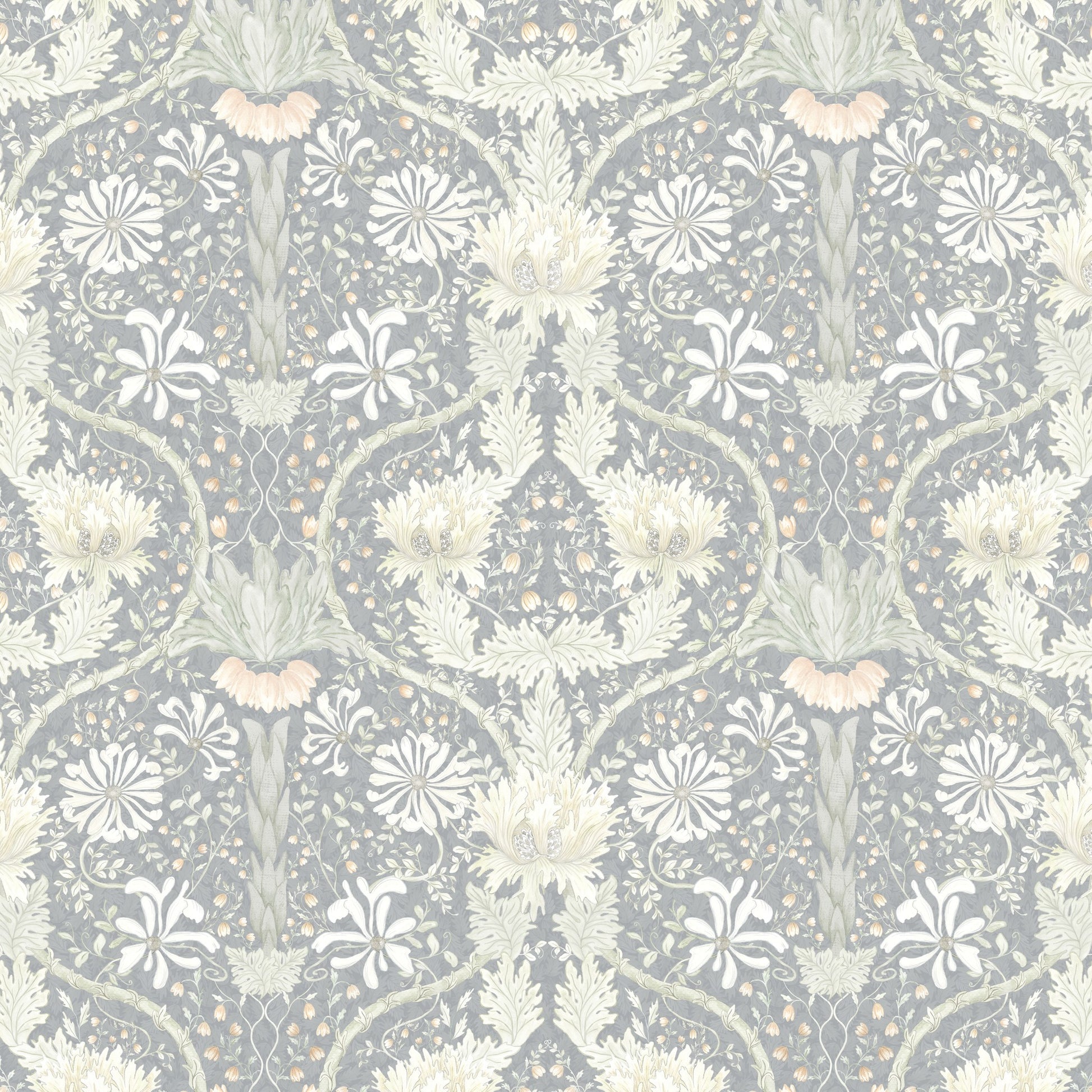 Honeysuckle floral wallpaper in cool tones with intricate patterns and soft greys.