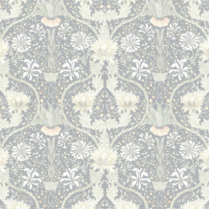 Honeysuckle floral wallpaper in cool tones with intricate patterns and soft greys.