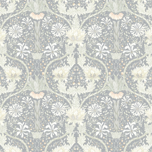 Honeysuckle floral wallpaper in cool tones with intricate patterns and soft greys.