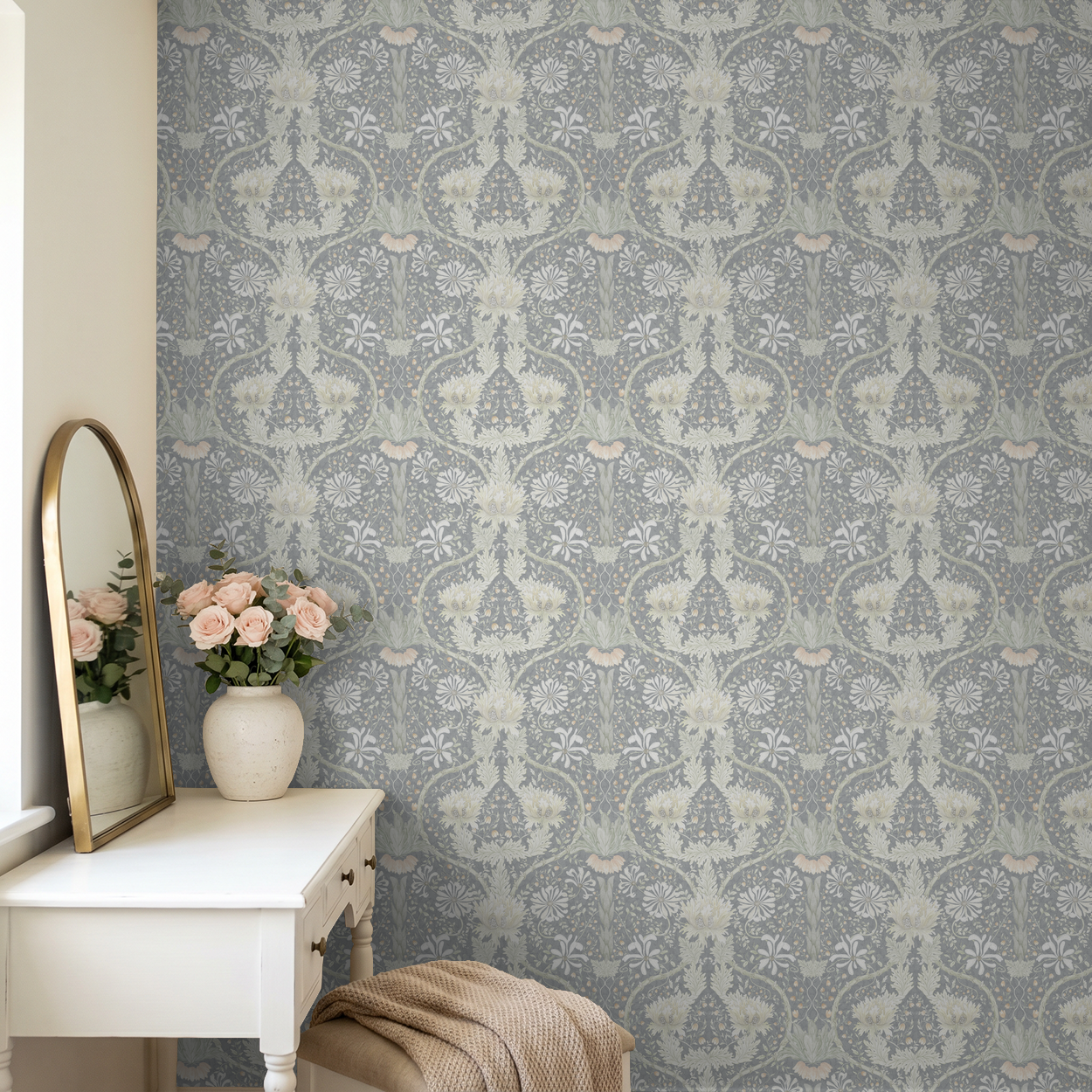 Honeysuckle floral wallpaper in cool tones with vintage vanity and flowers.
