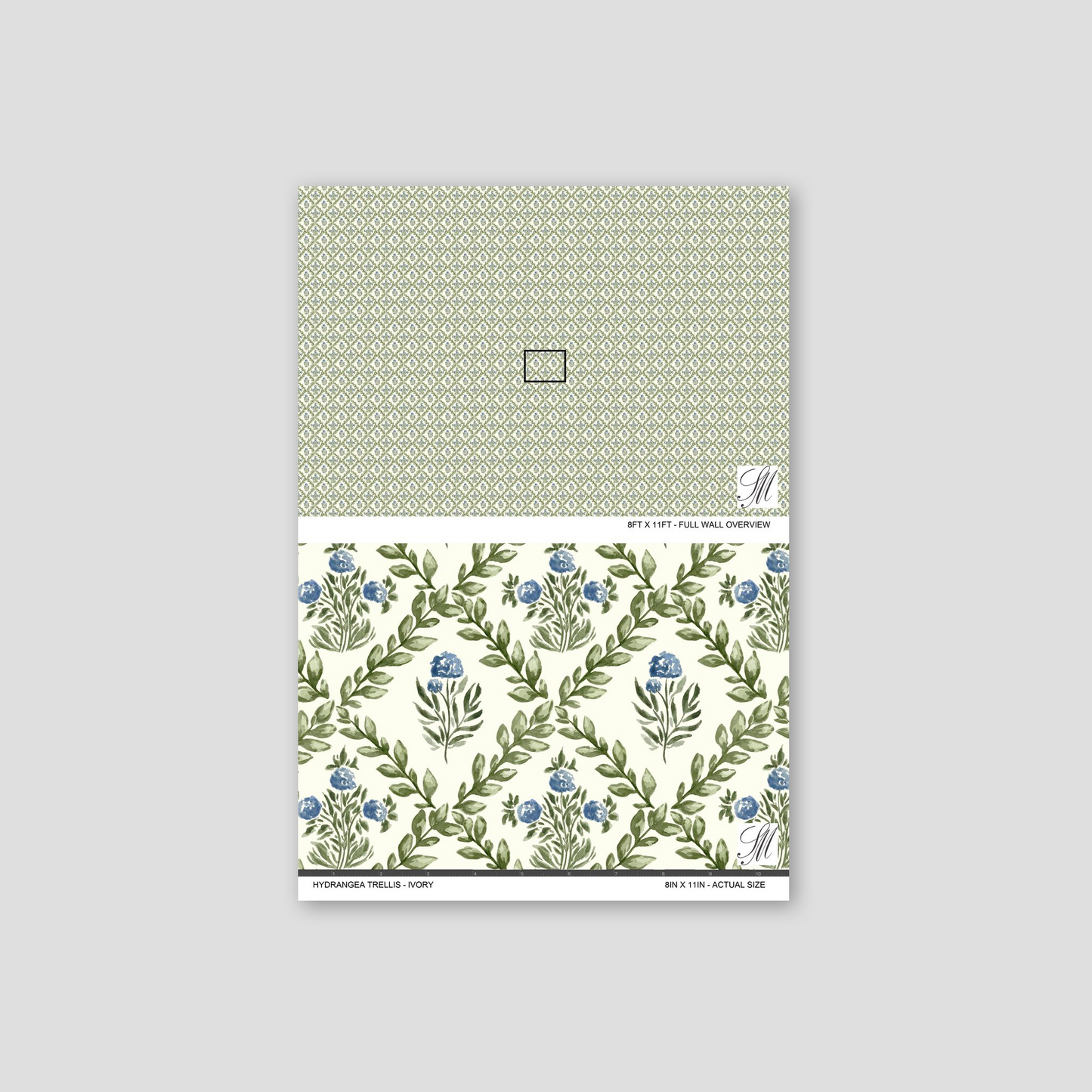 Hydrangea Trellis Ivory wallpaper with blue flowers and green leaves on a lattice pattern.