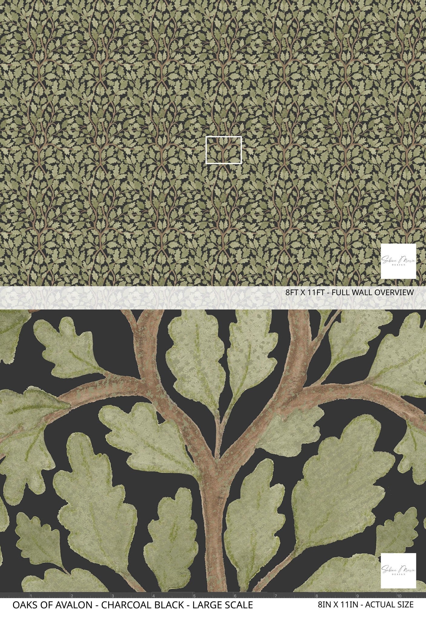 Leafy green motifs on black background wallpaper, nature-inspired design.
