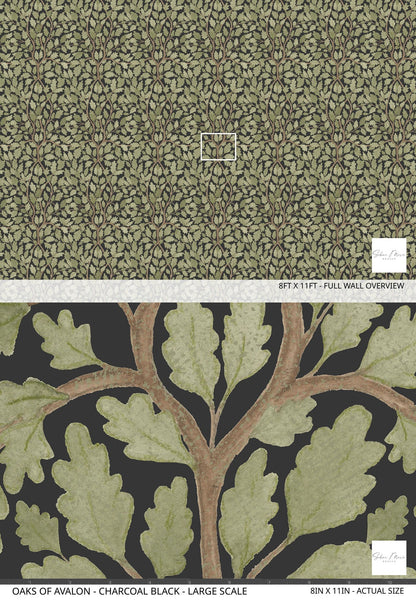 Leafy green motifs on black background wallpaper, nature-inspired design.