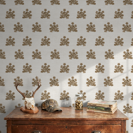 Musky brown floral wallpaper with rustic decor on wooden table.