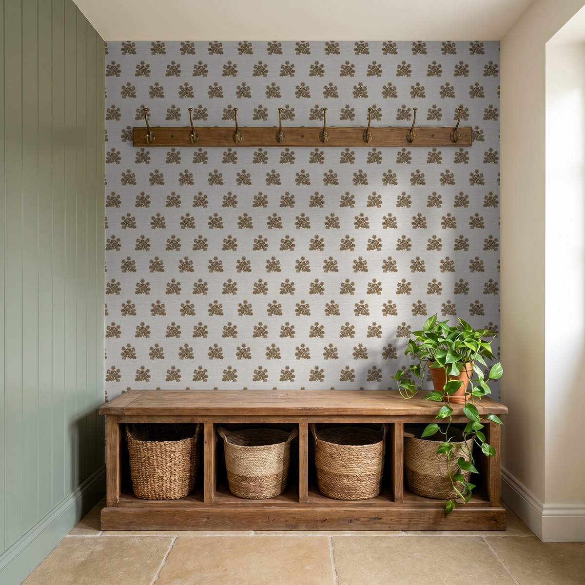 Musky brown floral wallpaper in rustic entryway with wooden bench and baskets.