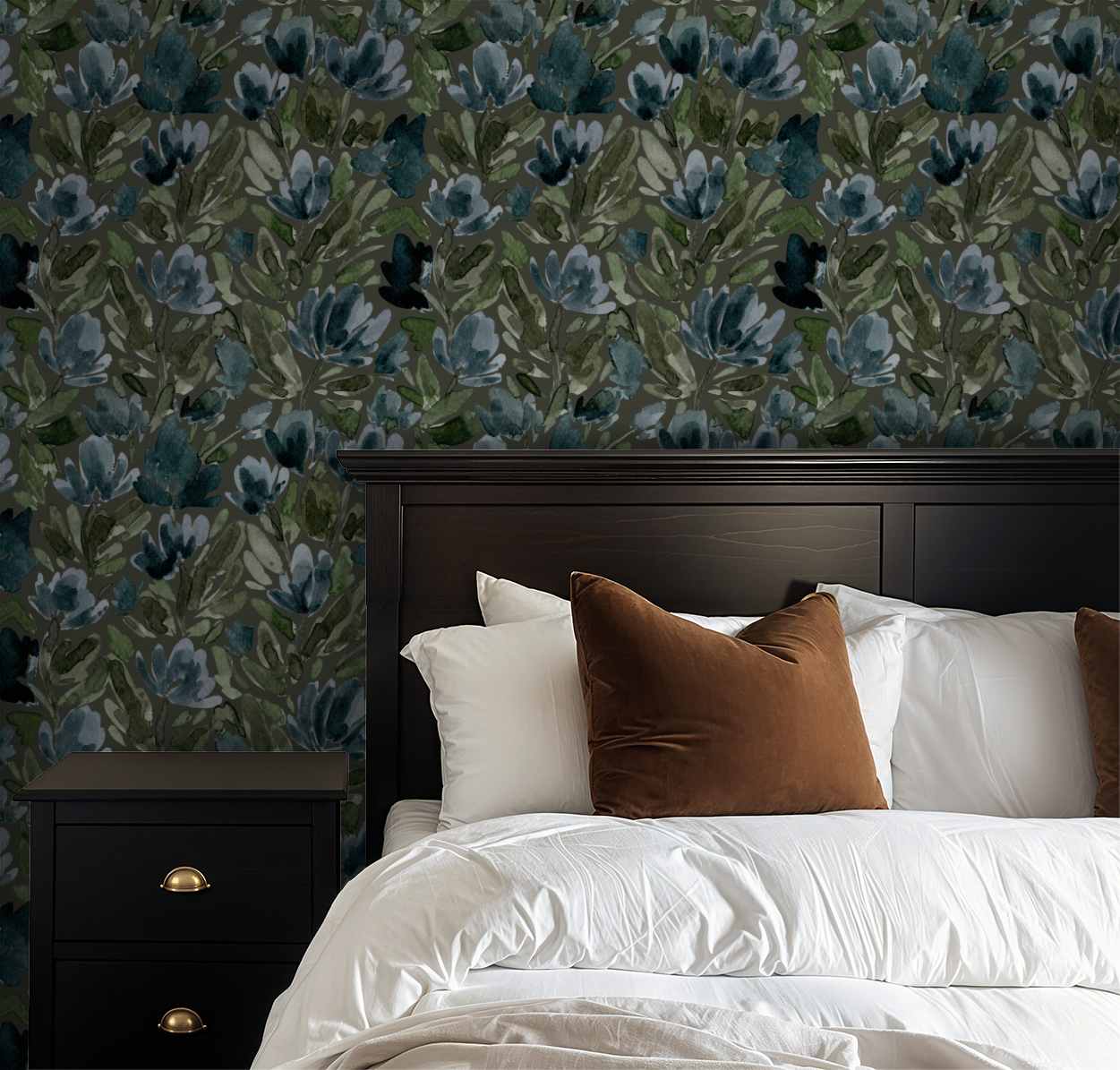Olive green floral wallpaper with tulip vines in a cozy bedroom setting.