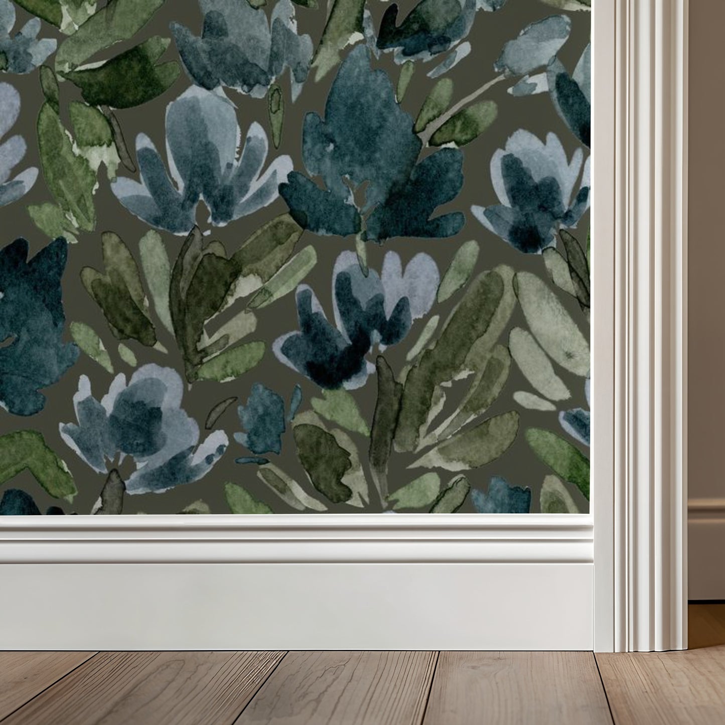 Olive green floral wallpaper with watercolor tulip vines in a room setting.