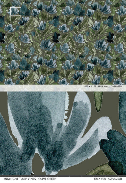 Olive green floral wallpaper with watercolor tulip vines pattern.